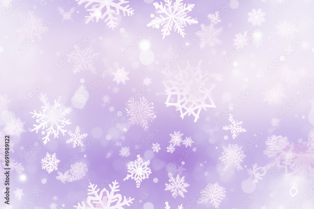  a blurry photo of snow flakes on a purple and white background with boke of snow flakes.