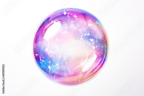  a close up of a soap bubble on a white background with a blue, pink, and purple swirl in the middle of the bubble.