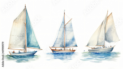 Collection sailboat watercolor drawing on a white background