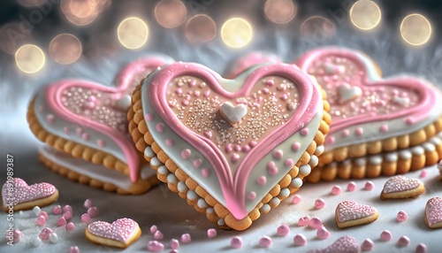 Walentynkowe ciasteczka w kształcie serc pokryte różowym lukrem photo