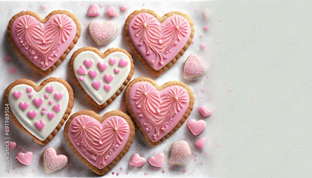 Ciastka w kształcie serc pokryte różowym lukrem. Walentynkowe tło z miejscem na tekst - obrazy, fototapety, plakaty 