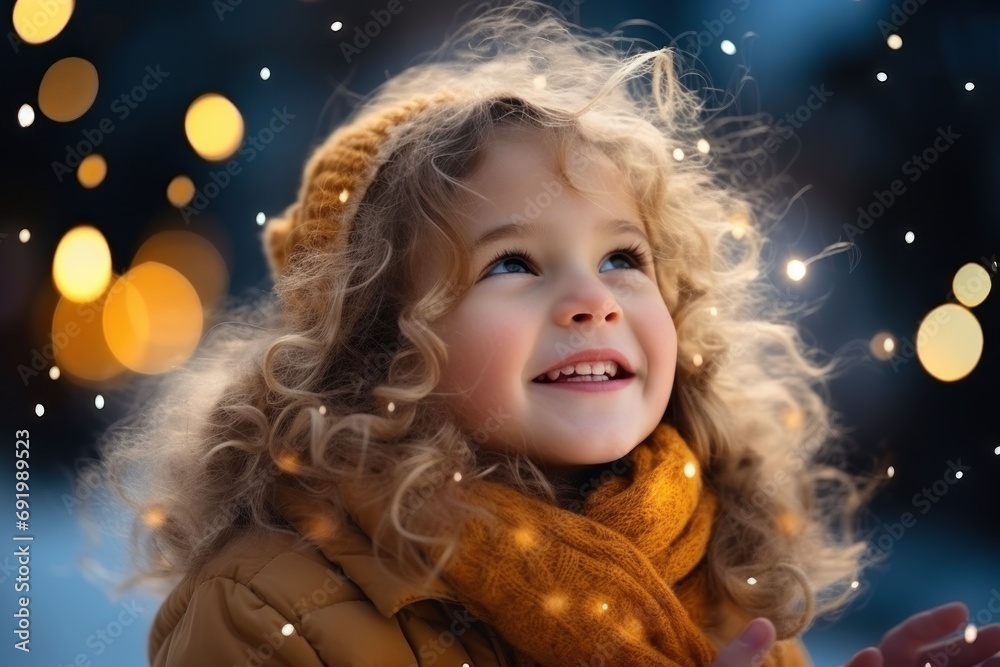Happy cute child girl playing with Chistmas festive magic lights blurred bokeh background. Generative AI.