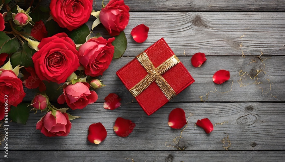 Bukiet czerwonych róż i prezent zapakowany w czerwone pudełko na szarych deskach. Motyw walentynek, randki, rocznicy - obrazy, fototapety, plakaty 