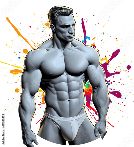 Sticker illustration of a muscular shirtless male bodybuilder on a transparent background created with Generative AI technology
