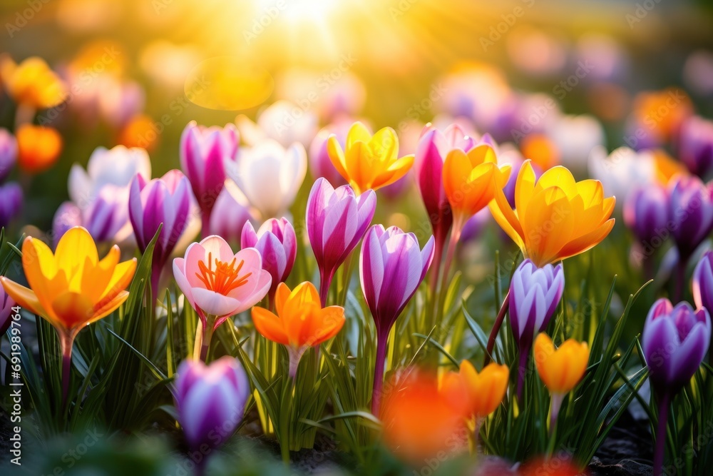 a field full of colorful tulips with the sun shining through the clouds in the background. a field full of colorful tulips with the sun shining through the clouds in the background.