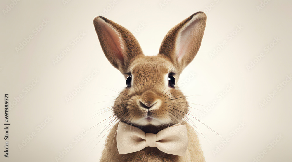 Golden Easter bunny with beige bow tie on cream sepia background