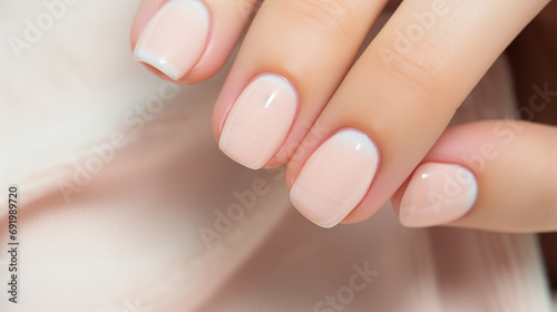 Beautiful peach fuzz color manicure. Close up. Women's nail art in peach shades. Aspect ratio 16:9	