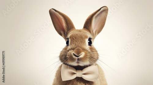 Golden Easter bunny with beige bow tie on cream sepia background © ТаtyanaGG