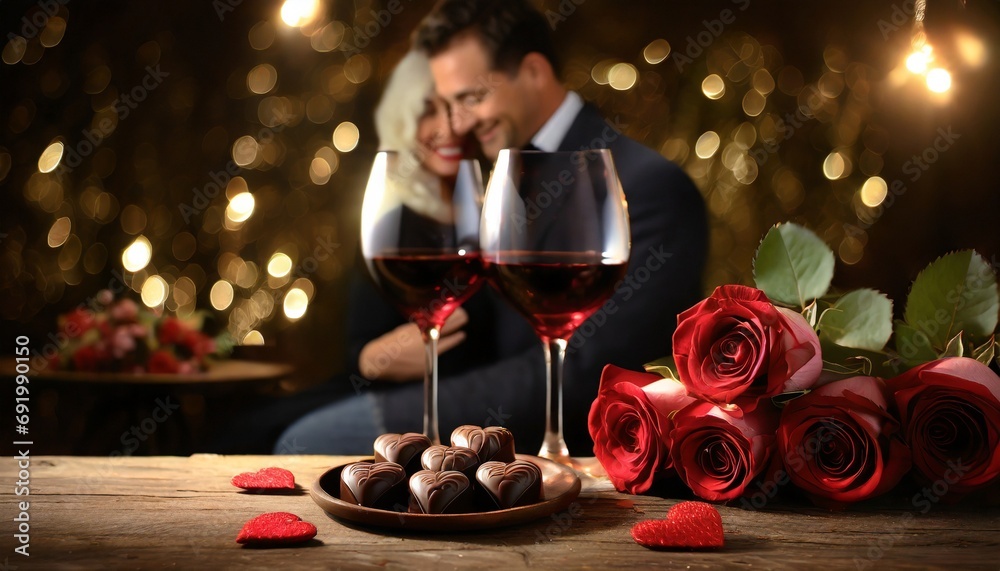 Czerwone róże, kieliszki z czerwonym winem i czekoladki w kształcie serc na drewnianym stole. W tle widać obejmującą się parę. Walentynkowe tło - obrazy, fototapety, plakaty 