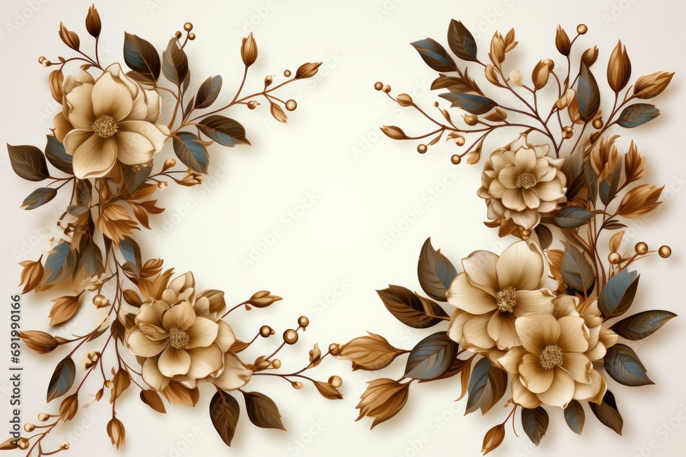  a set of decorative flowers with leaves on a white background with a place for the text in the center of the image.