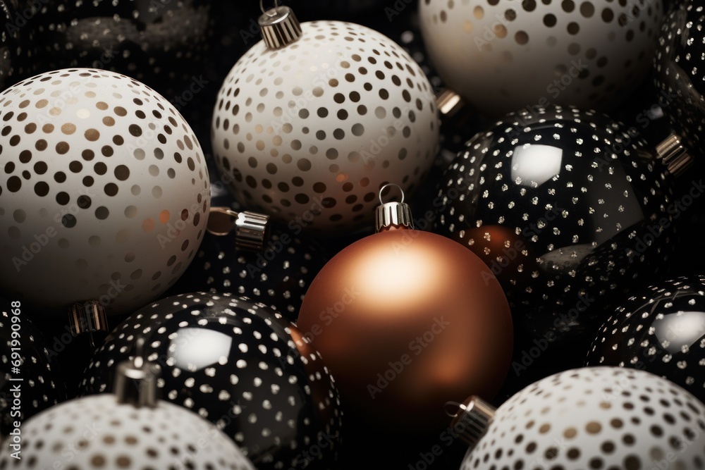 a pile of black and white polka dot ornament balls with a red ornament in the middle. a pile of black and white polka dot ornament balls with a red ornament in the middle.