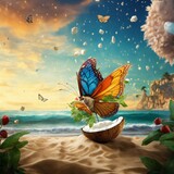 tropical island with butterflies