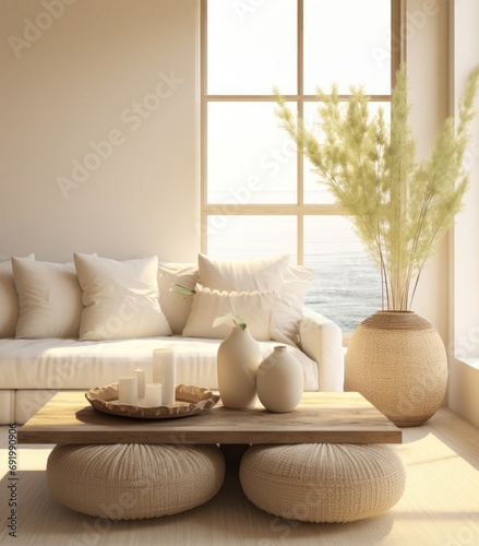 a white sofa and two pillows on a wicker ottoman