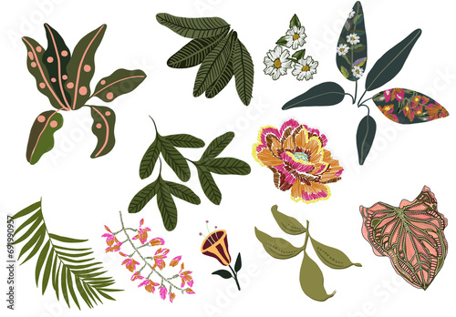 tropical embroidery digital illustration leaves and flowers summer 2024 photo