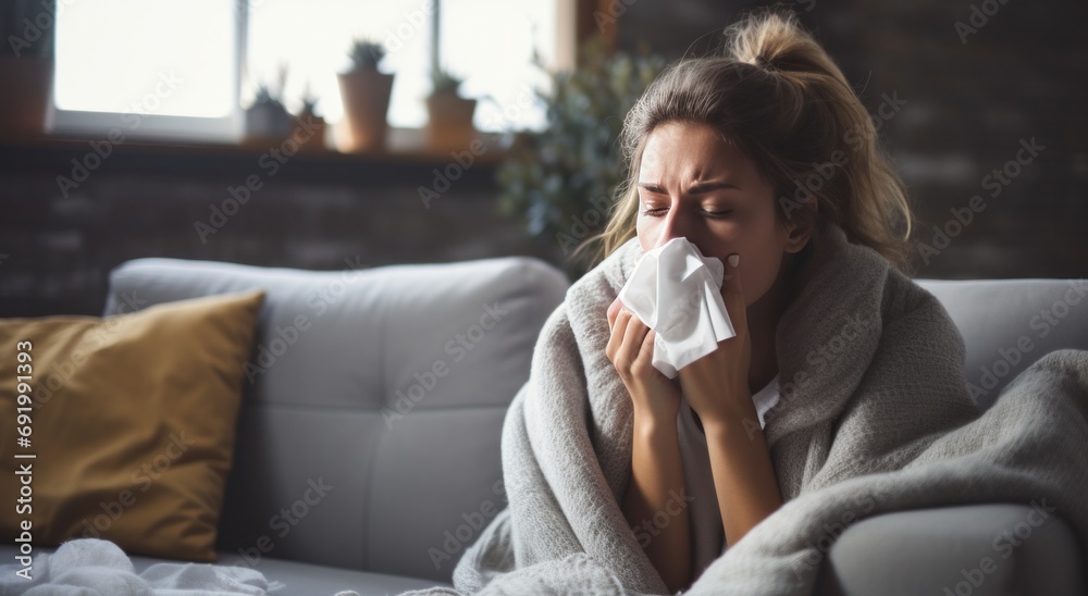a woman sitting on a couch blowing her nose a woman sitting on a couch blowing her nose