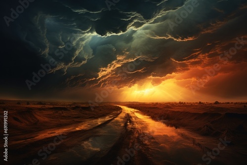  a dirt road in the middle of a desert with a sky filled with clouds and sun shining through the clouds.