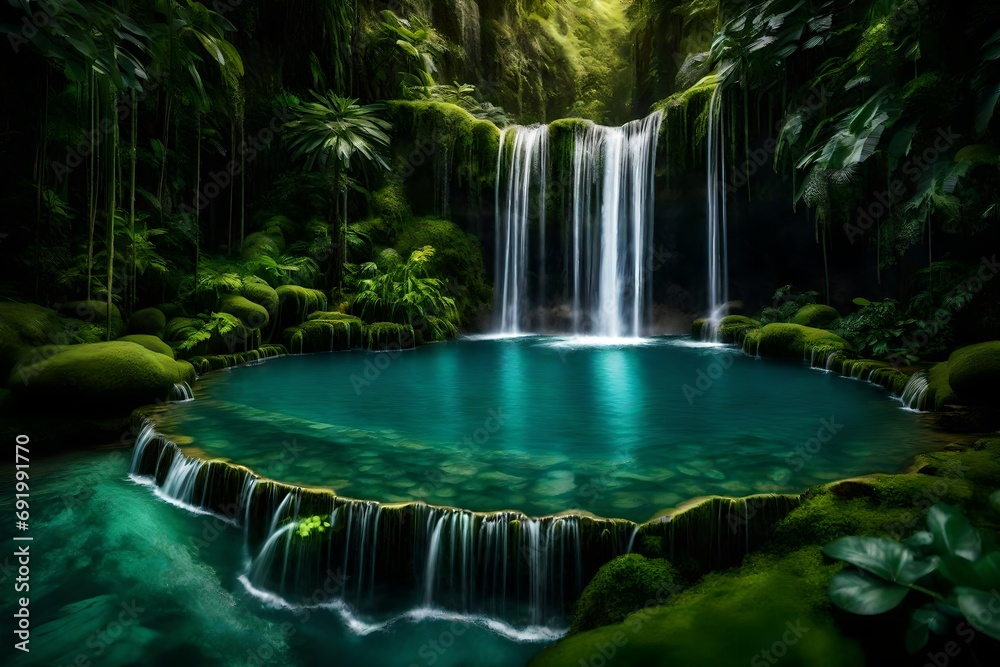 A majestic waterfall plunging into a crystal-clear pool, surrounded by lush greenery.