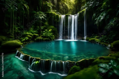 A majestic waterfall plunging into a crystal-clear pool  surrounded by lush greenery.