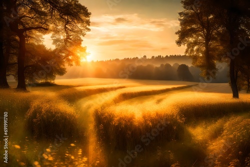 The sun gently setting behind a tranquil countryside,  the meadow and woods in soft, golden light © colorful imagination