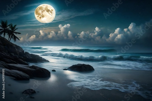 A peaceful beach with gentle waves under the soft light of a full moon.