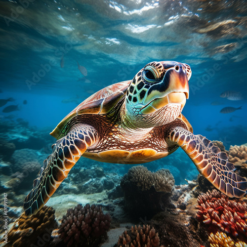 Image of a sea turtle swimming in the sea. © Gun