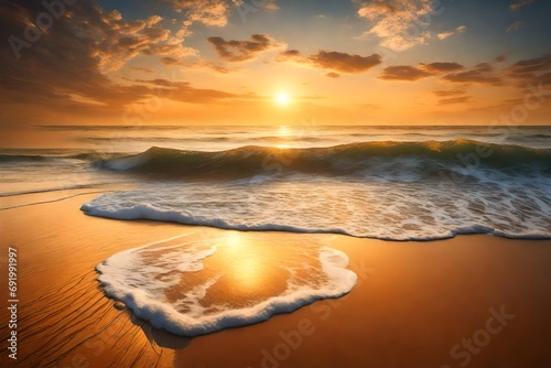 A peaceful beach with gentle waves caressed by the warm light of a rising sun.