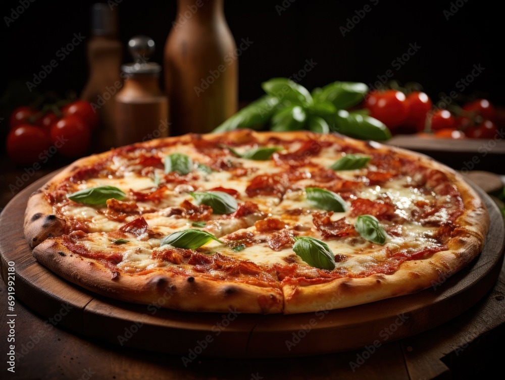  a pizza sitting on top of a wooden cutting board next to a bottle of ketchup and pepperoni.
