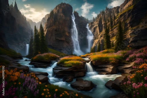 A cascading waterfall hidden deep within a rugged canyon  surrounded by wildflowers.