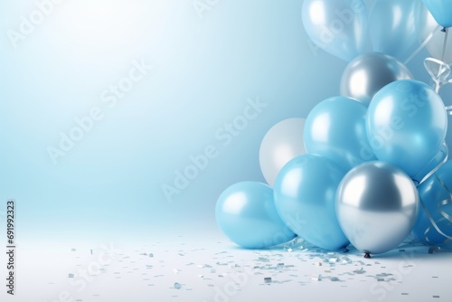 Festive background with blue balls and confetti.