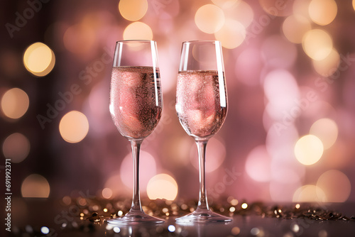 Close-up of pink champagne glasses for a Valentine s Day celebration with a bokeh lights background 
