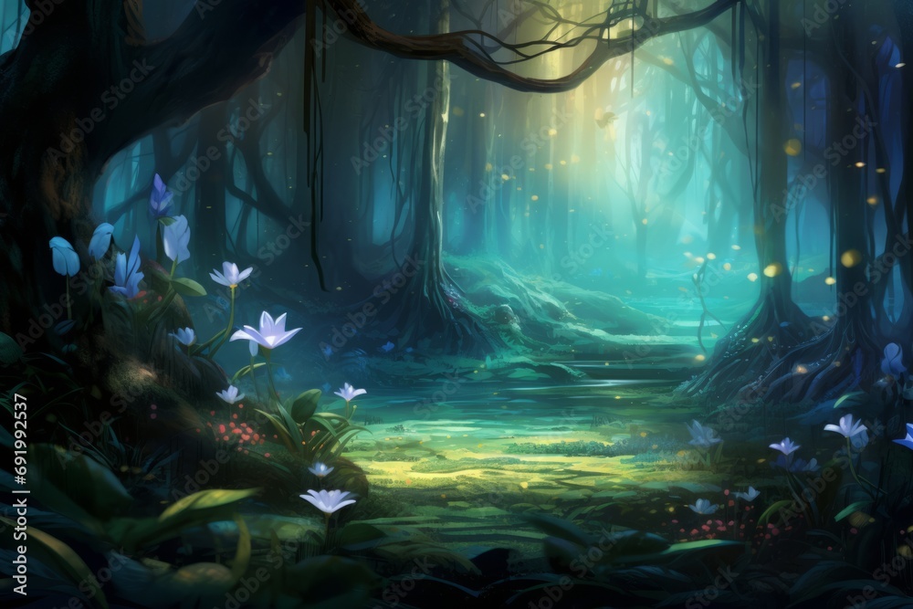 Enchanted forest scene with ethereal paintings of luminescent flora, Generative AI