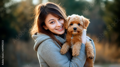 A Woman Holding a Dog in Her Arms photo
