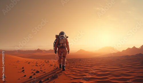 an astronaut walking along the desert floor and planet © ArtCookStudio
