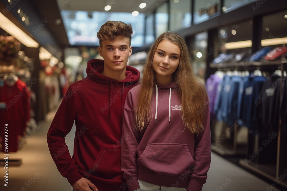Two happy girl with guy friends shoppers holding shopping bags, female teenage shopaholics standing. Retail fashion sale, mall boutique discounts bargains and gifts concept.