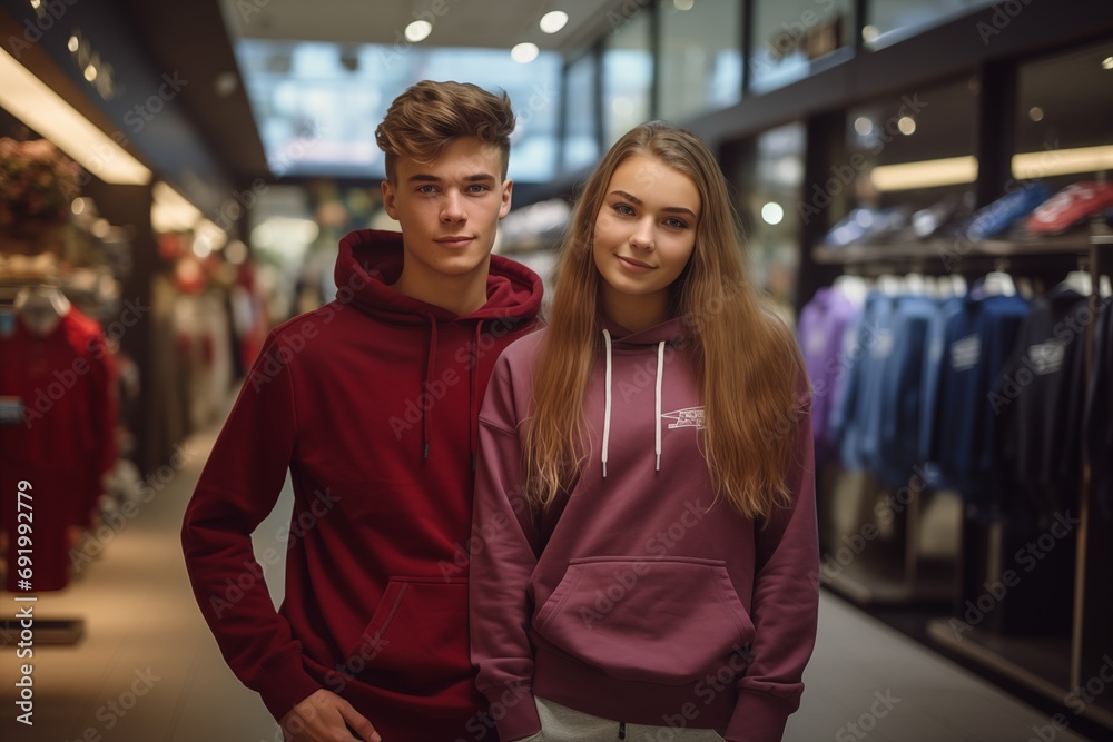 Two happy girl with guy friends shoppers holding shopping bags, female teenage shopaholics standing. Retail fashion sale, mall boutique discounts bargains and gifts concept. Two happy girl with guy friends shoppers holding shopping bags, female teenage shopaholics standing. Retail fashion sale, mall boutique discounts bargains and gifts concept.