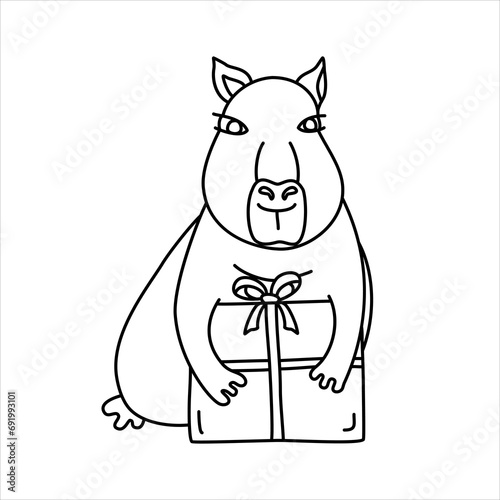 Vector line illustration of a funny capybara with present box. 