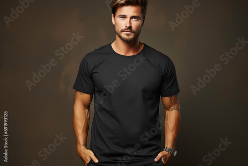 Handsome young man in black t-shirt on dark background ai generated art