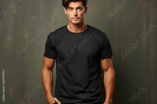 Handsome young man in black t-shirt on dark background ai generated art © mihail