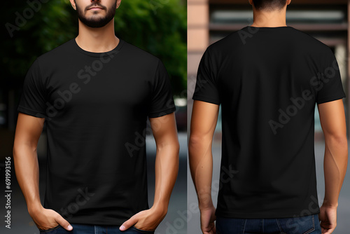 Blank black t-shirt template on male model, front and back view ai generated art