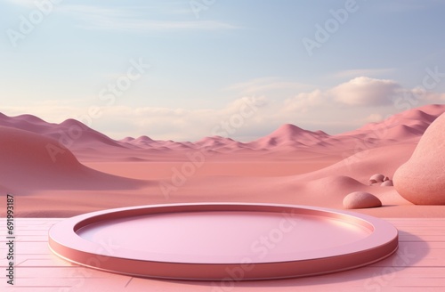 an empty stage over a pink desert