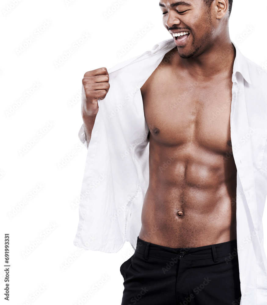 Man, fashion and happy with abs, sexy and dressing for chest, african and male model in white background. Alone, smile and muscles with six pack, shirt and corporate wear, stylish and masculine Man, fashion and happy with abs, sexy and dressing for chest, african and male model in white background. Alone, smile and muscles with six pack, shirt and corporate wear, stylish and masculine