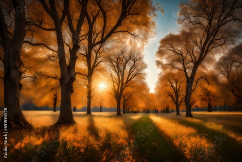 A breathtaking scene of trees in a field with the sun s last rays illuminating their leaves