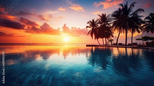 Outdoor luxury sunset over infinity pool swimming summer beachfront hotel resort, tropical landscape. Beautiful tranquil beach holiday vacation background,