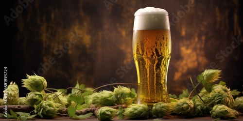 A tall glass with a beer. A sprig of hops in the background. Generative AI photo
