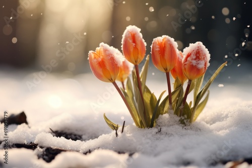  three orange tulips sprouting out of the snow on a sunny day with the sun shining through the trees in the background. © Shanti