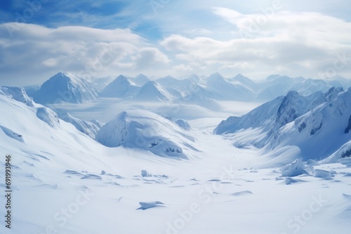  a mountain range covered in snow under a blue sky with a sun shining on the top of the mountain range.