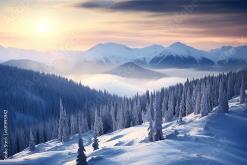 the sun is setting over a mountain range with snow on the ground and trees on the side of the mountain.