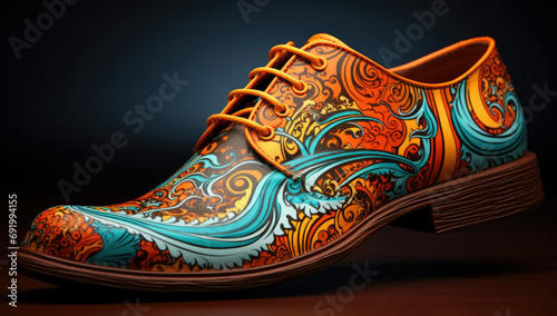 Colorful hand painted and decorated shoe, modern footwear fashion.