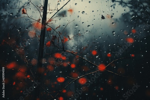  a blurry photo of rain on a window with a tree branch in the foreground and red leaves in the foreground.