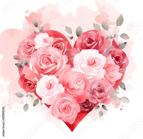 Watercolor heart with roses on a white background. Vector illustration.